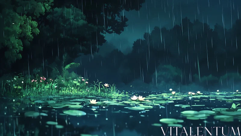 Night rain falls over a lily-covered forest pond