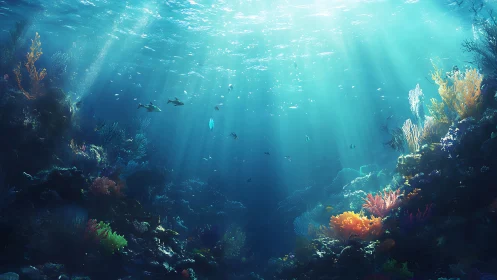Digital painting of sunlit coral reef with dynamic depth cues.