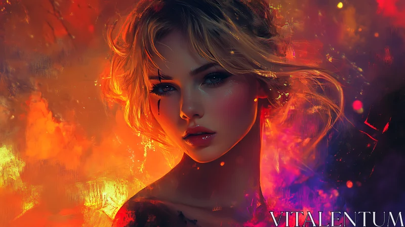 Digital portrait of woman in vivid fiery color gradients.