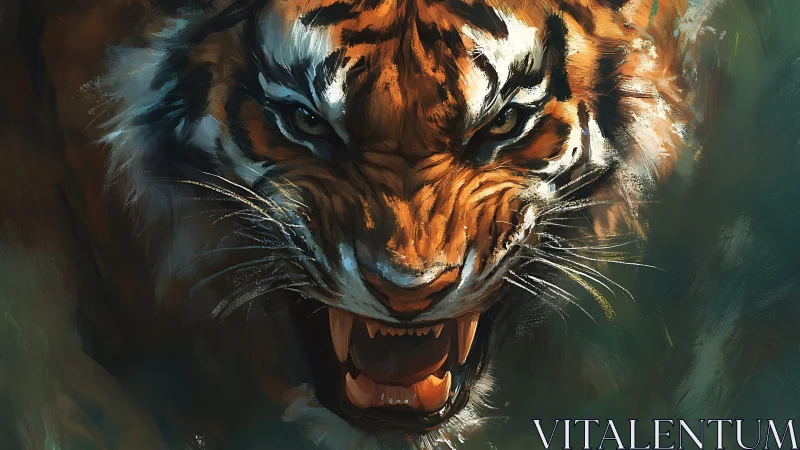 Ferocious tiger head roaring in intense digital artwork.