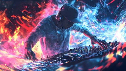 DJ commands neon firestorm decks with immersive energy.