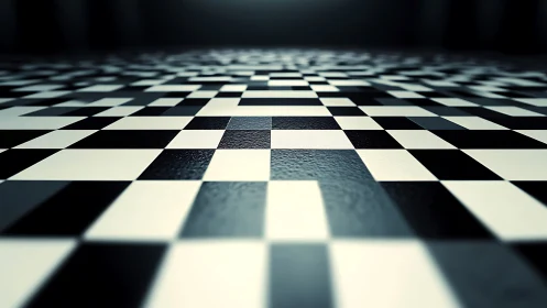 Checkerboard floor recedes into soft blurred geometric depth