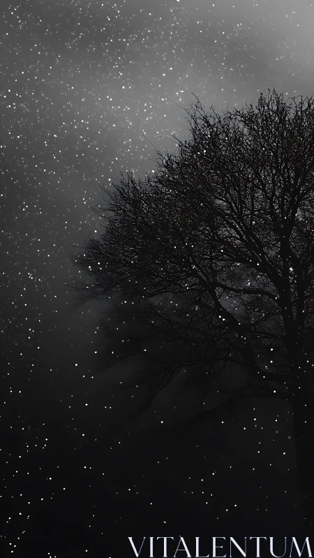 Bare tree silhouette in steady nighttime snowfall scene.