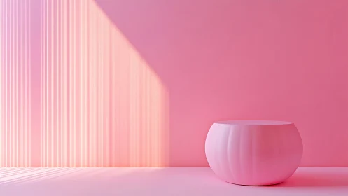 Monochrome pink pedestal in minimalist hard light interior.