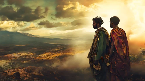 Cinematic tribal portrait against dramatic savanna horizon.