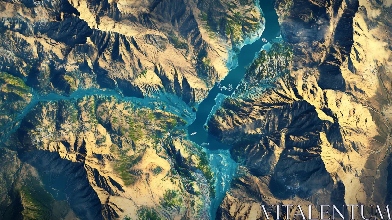 Satellite style render of river canyon with steep mountains.