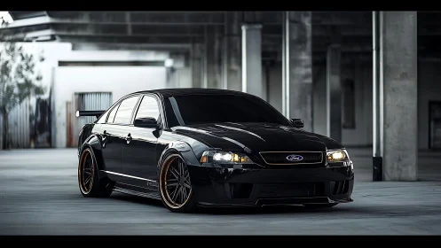 Black modified Ford sedan parked in an empty concrete garage