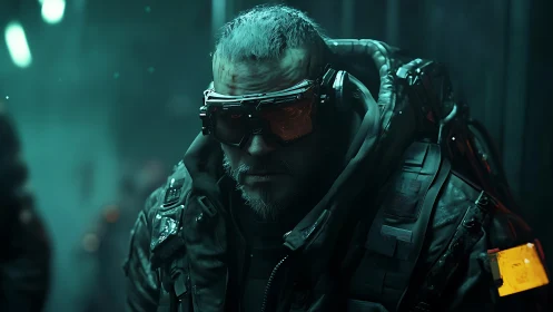 Weathered cyberpunk wanderer in neon washed shadows.