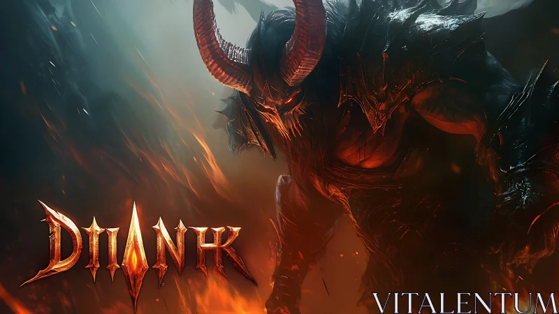 Horned fire demon strides through swirling infernal smoke