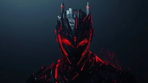 Futuristic black armored cyborg with glowing red core.