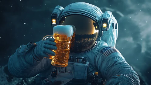 Cosmic toast with a frothy beer in a drifting spacesuit.