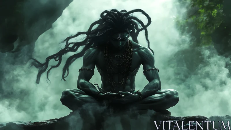 Mystic warrior meditates on rock ledge amid swirling fog