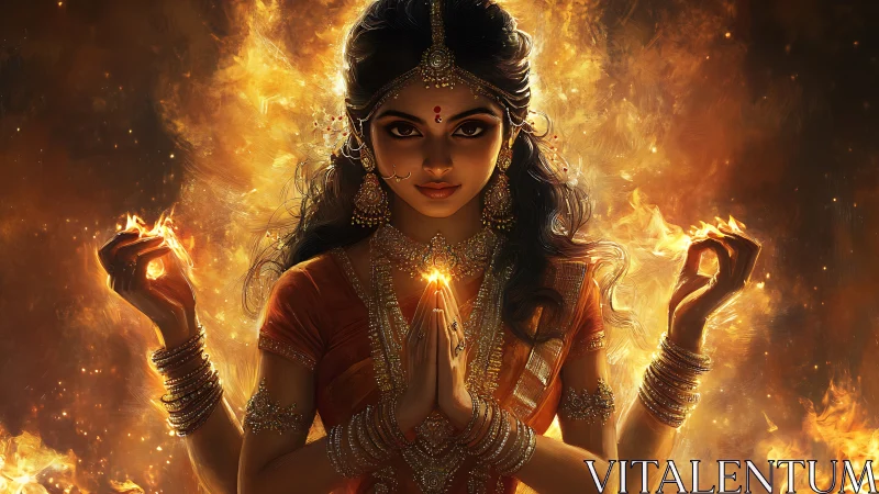 Fire-veiled goddess in molten gold and blazing serenity.