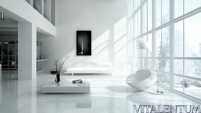 Minimalist white loft interior with panoramic glazing and light.
