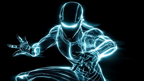 Neon outlined cyber warrior lunges forward in dark void