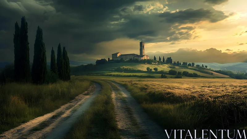Hilltop church over Tuscan fields under stormy sunset.