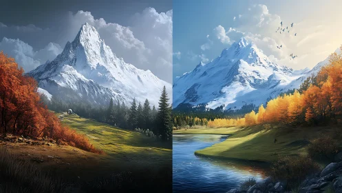 Snowy twin peaks contrast autumn forest in shifting light