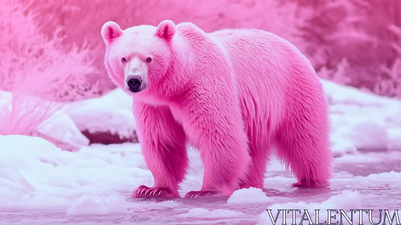 Vivid pink polar bear stands alert in frosty arctic landscape.