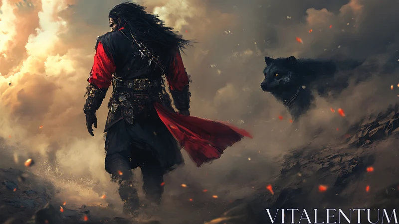 Warrior in red cloak walking through burning storm with wolf.