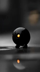 Glossy black orb robot with amber core on wet reflective ground