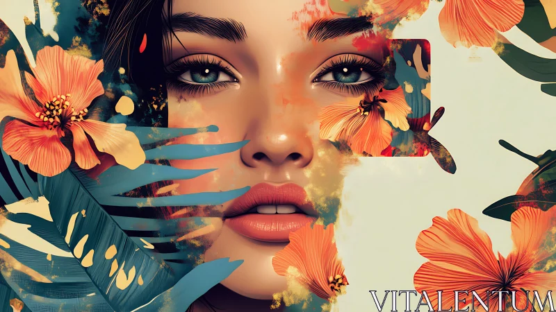 Female face merges with tropical flowers in digital artwork