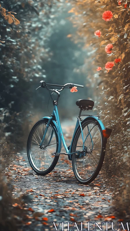 Blue bicycle positioned on pathway lined with flowering plants.