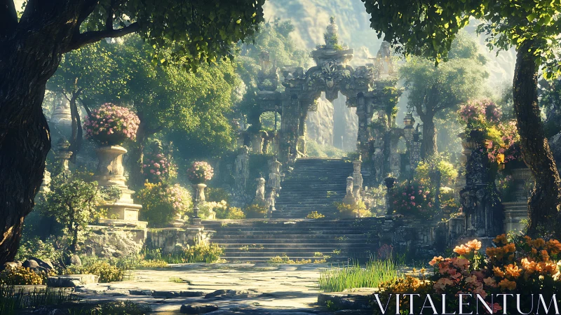 Sunlit ruins and blooming garden form a serene fantasy sanctuary