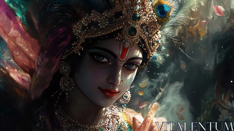 Ornate divine figure with jeweled crown and peacock feather.