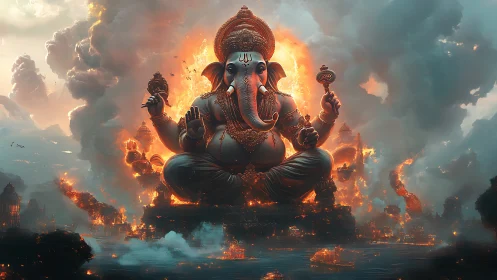 Colossal Ganesha figure amid burning city and smoke clouds.