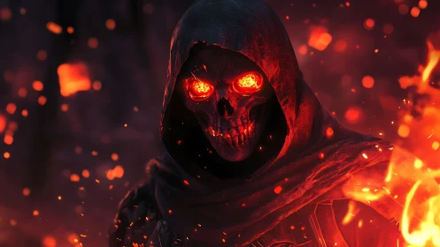 Flaming skull reaper emerges from burning scarlet shadows.