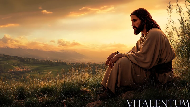 Sunset contemplation over rolling valleys and distant mountains.