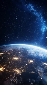 City lights trace Earth’s curve beneath a starry galaxy.