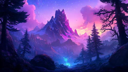 Celestial dusk over enchanted alpine peak and glowing grove.