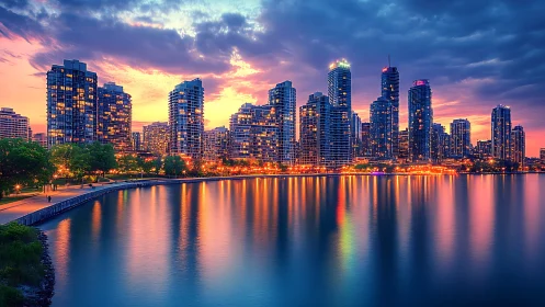 Vibrant waterfront skyline under saturated dusk reflections.