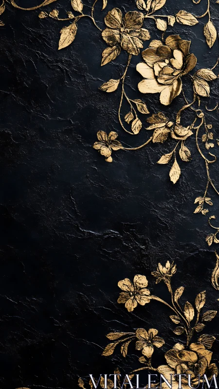 Gold floral relief ornament contrasts with dark textured slate