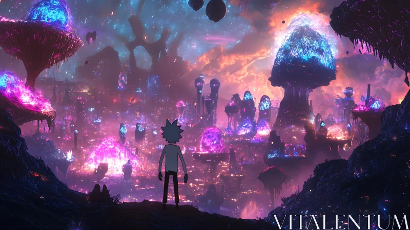 Neon alien cityscape with silhouetted observer and glowing fungi.