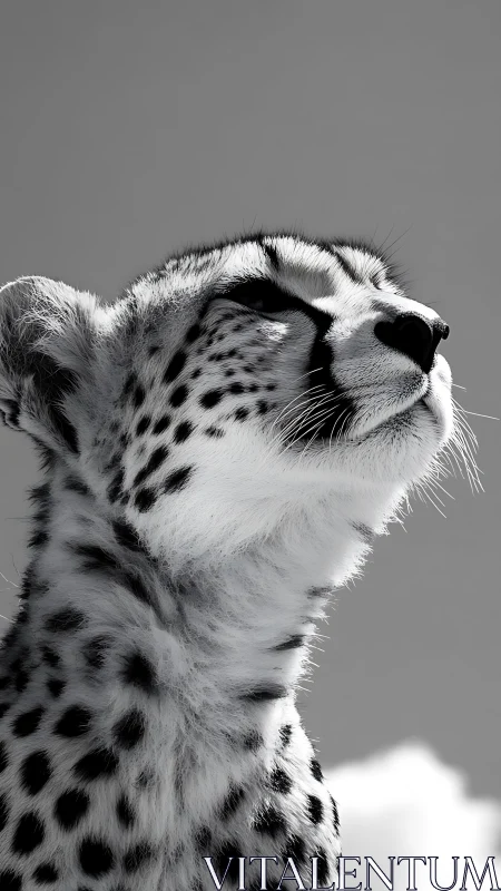 Monochrome cheetah portrait against clear sky background.
