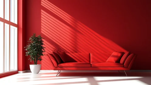 Red sofa minimal interior under dramatic window light.