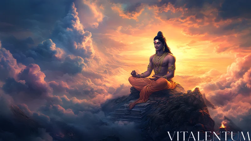 Meditating deity sits above radiant clouds at sunset.