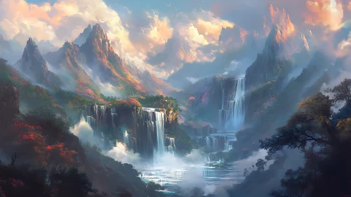 Digital painting of cascading waterfalls in ethereal mountain valley.
