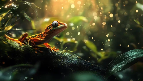 Bioluminescent rainforest gecko under volumetric bokeh rays.