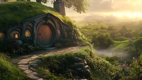 Hillside hobbit dwelling with golden-lit pastoral valley.