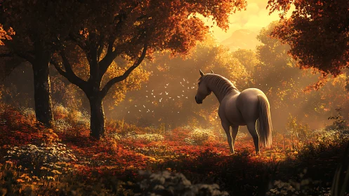 White horse stands in sunlit autumn forest clearing