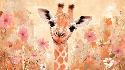 Smiling baby giraffe amid pastel wildflower meadow.