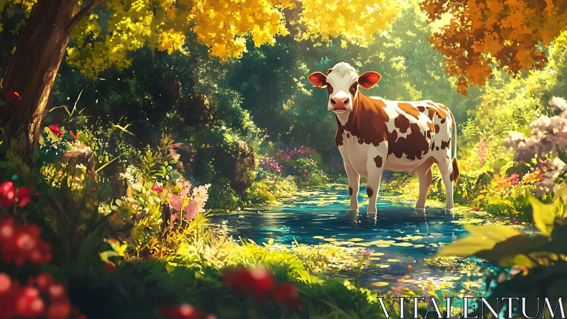 Daydreaming forest cow wades through a sunlit lily pond.