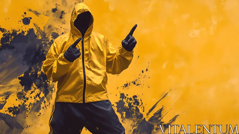Hooded figure in yellow jacket strikes bold graphic pose.