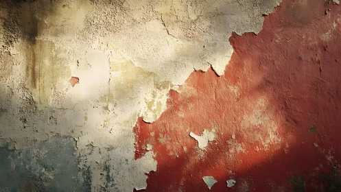 Weathered wall with peeling paint and textured surface in sunlight.