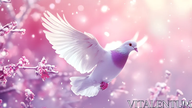 Sugar-blush winter dove riding a cotton candy sunrise.