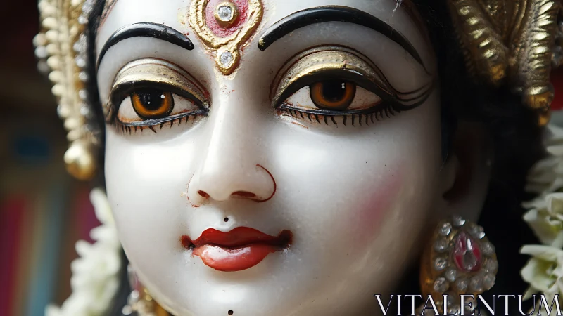Close-up sacred goddess statue with ornate golden details.