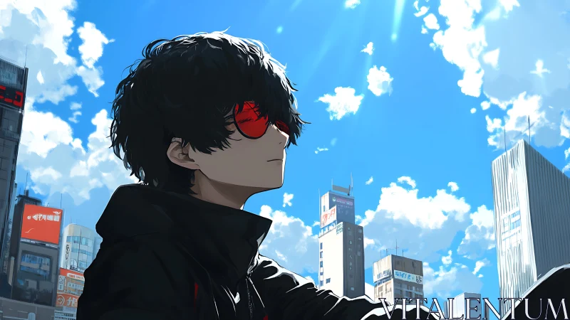 Urban skylight observer with red-lens occluded gaze profile.